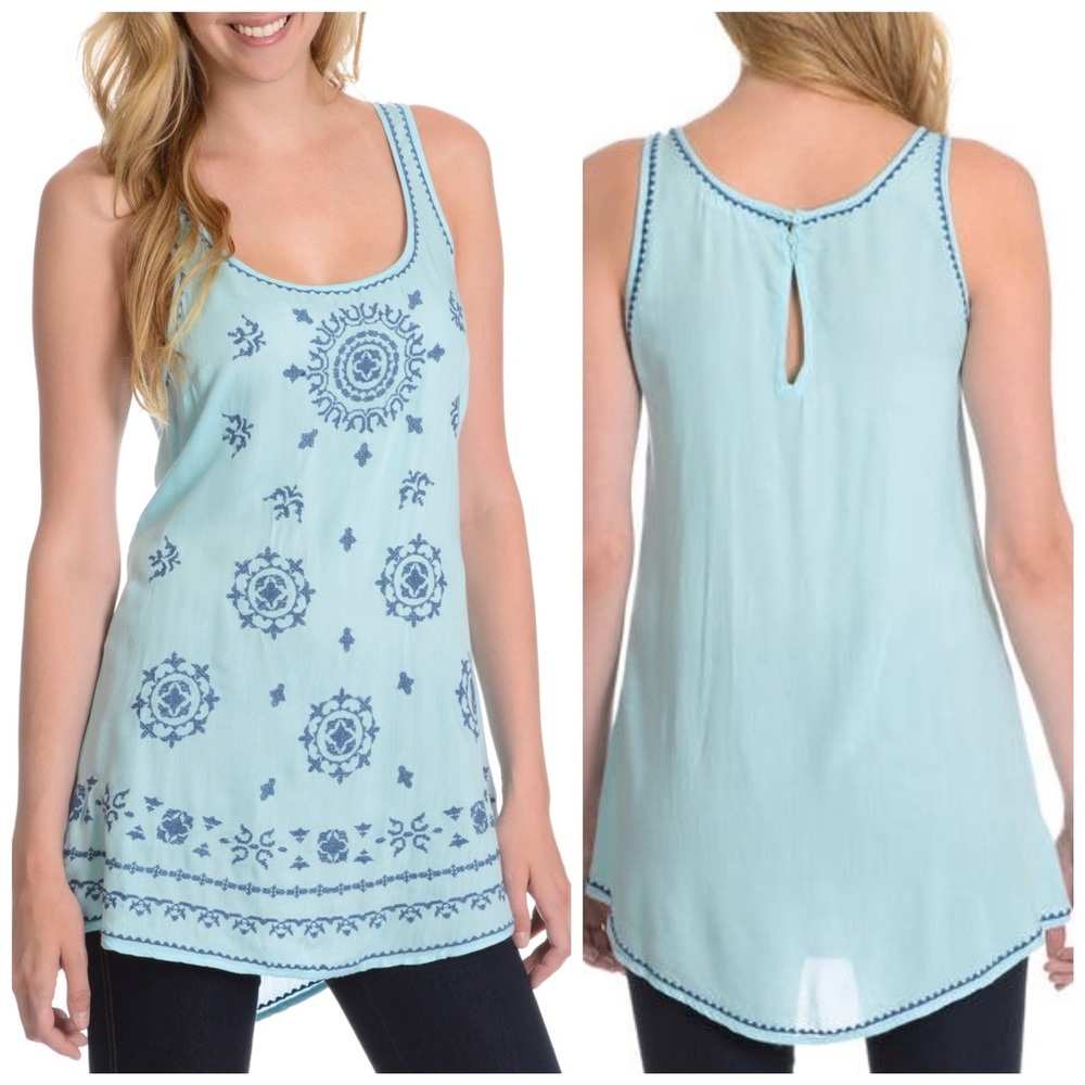 Sundance Light Blue Tank Top with Navy Embroidered Medallions